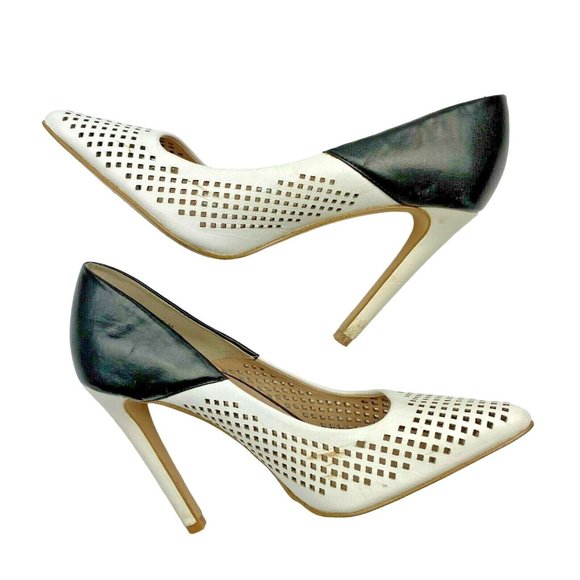 French Connection Maya Pumps Size 37.5 US 7.5 Perforated Leather Pointy Toe - Picture 2 of 12